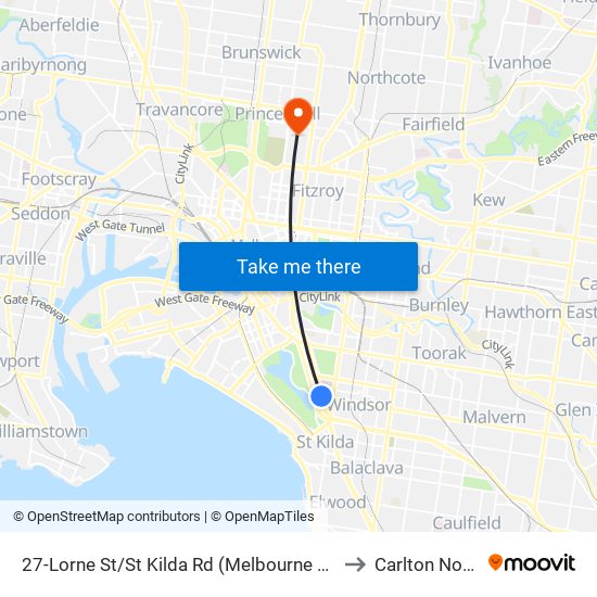 27-Lorne St/St Kilda Rd (Melbourne City) to Carlton North map