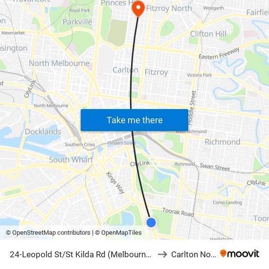 24-Leopold St/St Kilda Rd (Melbourne City) to Carlton North map