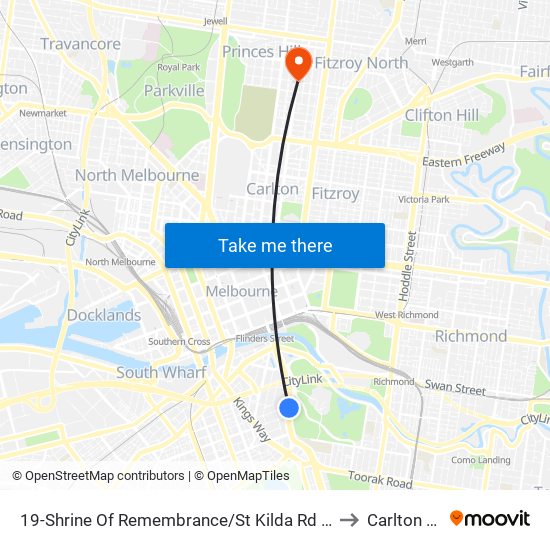 19-Shrine Of Remembrance/St Kilda Rd (Melbourne City) to Carlton North map