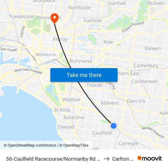 56-Caulfield Racecourse/Normanby Rd (Caulfield North) to Carlton North map