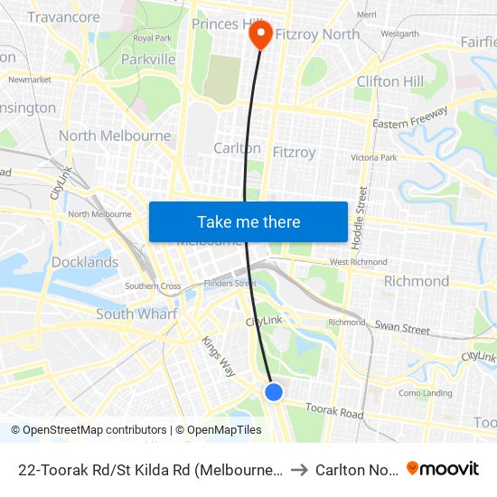 22-Toorak Rd/St Kilda Rd (Melbourne City) to Carlton North map