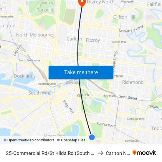 25-Commercial Rd/St Kilda Rd (South Melbourne) to Carlton North map