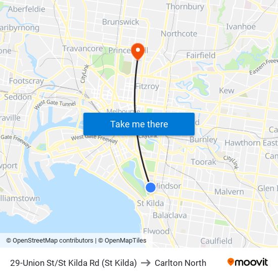 29-Union St/St Kilda Rd (St Kilda) to Carlton North map