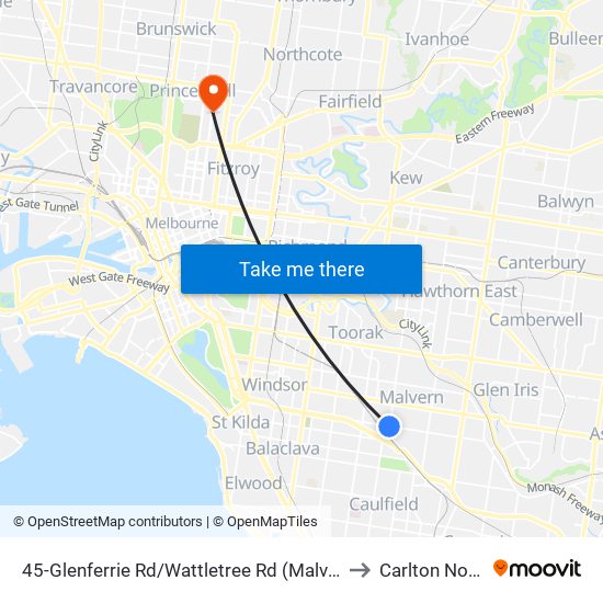 45-Glenferrie Rd/Wattletree Rd (Malvern) to Carlton North map