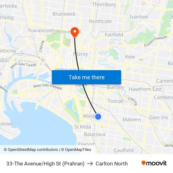 33-The Avenue/High St (Prahran) to Carlton North map