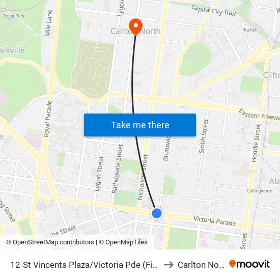 12-St Vincents Plaza/Victoria Pde (Fitzroy) to Carlton North map