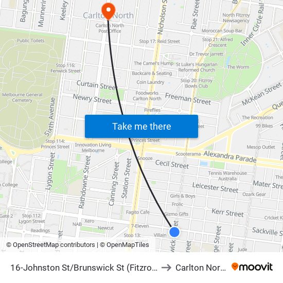 16-Johnston St/Brunswick St (Fitzroy) to Carlton North map