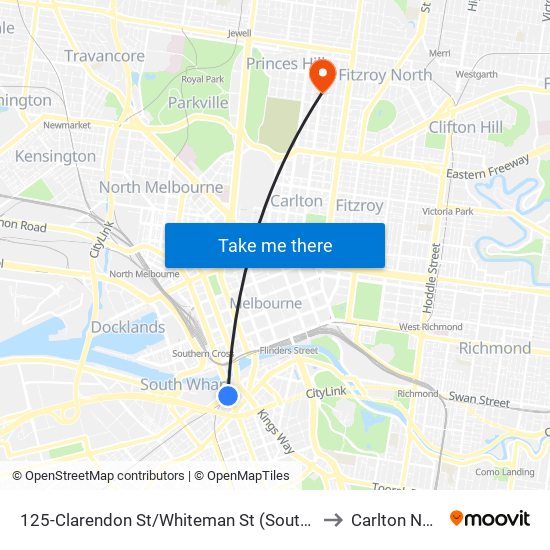 125-Clarendon St/Whiteman St (Southbank) to Carlton North map