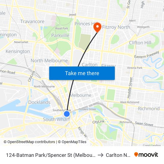 124-Batman Park/Spencer St (Melbourne City) to Carlton North map