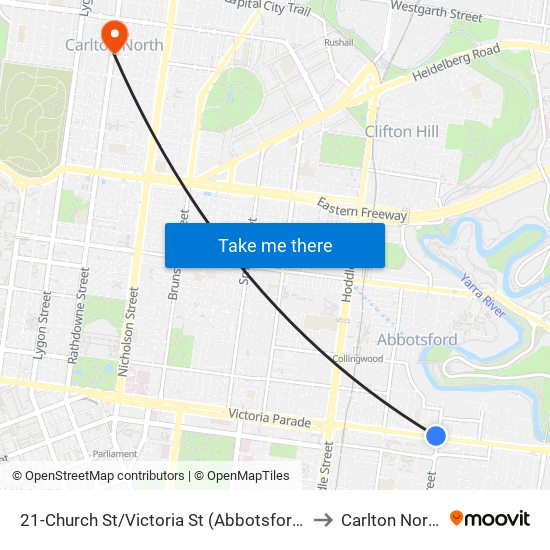 21-Church St/Victoria St (Abbotsford) to Carlton North map