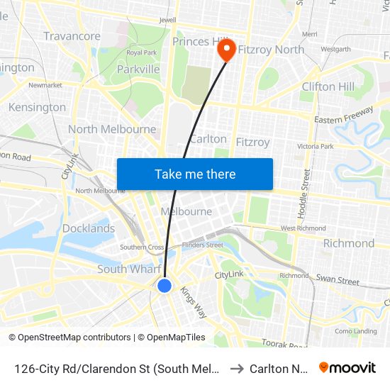 126-City Rd/Clarendon St (South Melbourne) to Carlton North map