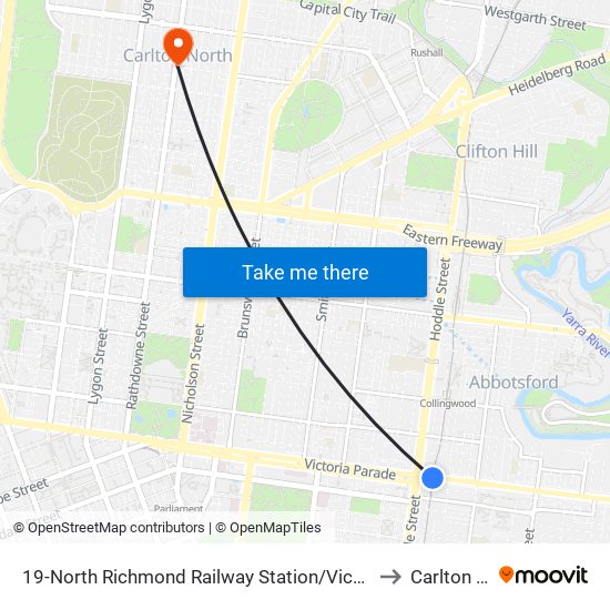 19-North Richmond Railway Station/Victoria St (Richmond) to Carlton North map