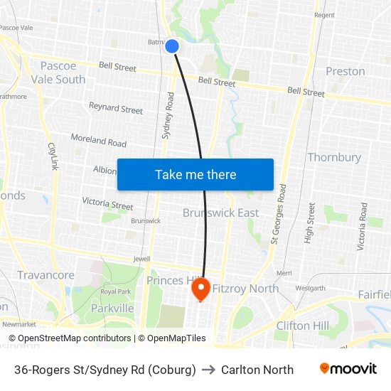 36-Rogers St/Sydney Rd (Coburg) to Carlton North map