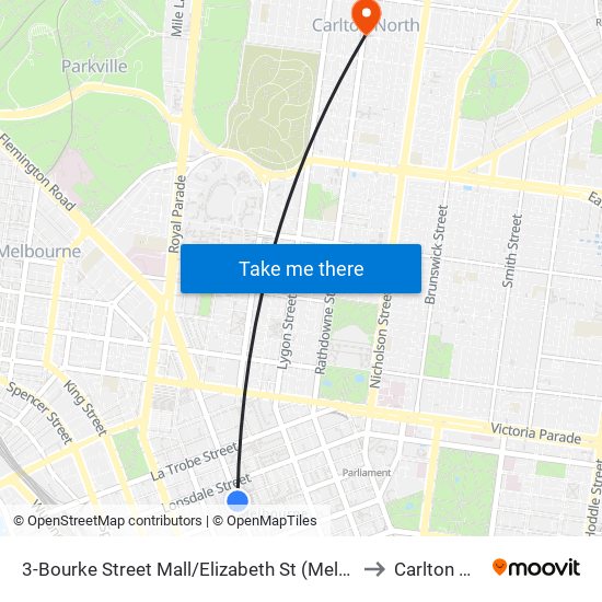 3-Bourke Street Mall/Elizabeth St (Melbourne City) to Carlton North map