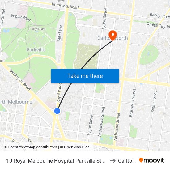 10-Royal Melbourne Hospital-Parkville Station/Royal Pde (Melbourne City) to Carlton North map