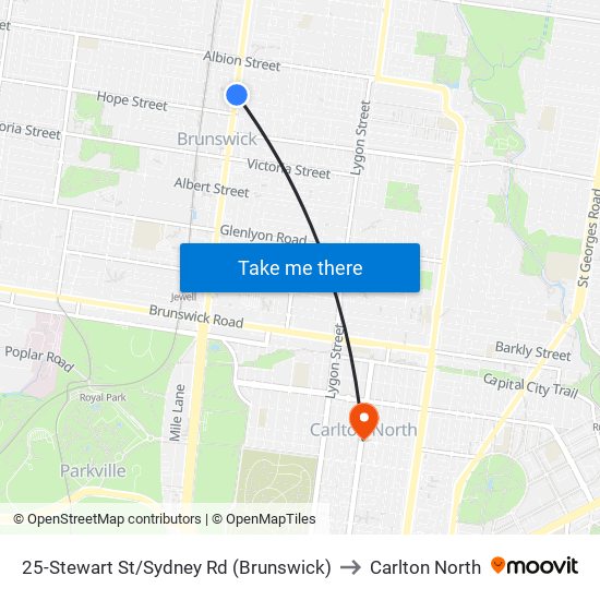 25-Stewart St/Sydney Rd (Brunswick) to Carlton North map