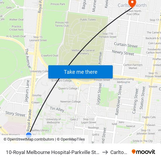 10-Royal Melbourne Hospital-Parkville Station/Royal Pde (Parkville) to Carlton North map