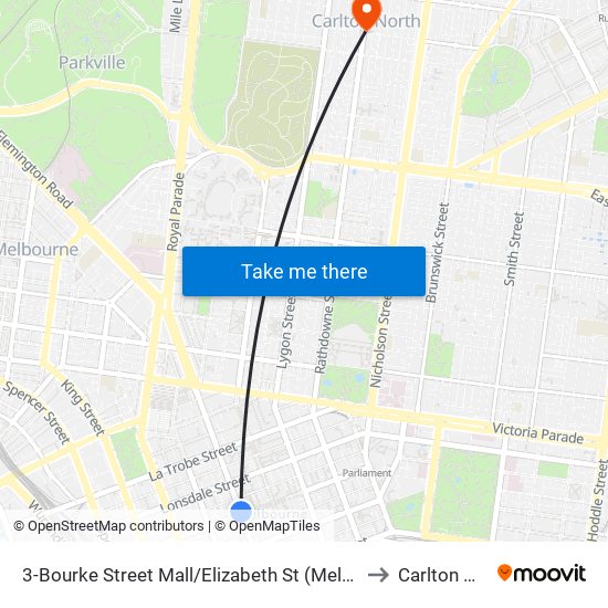 3-Bourke Street Mall/Elizabeth St (Melbourne City) to Carlton North map