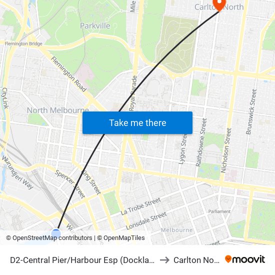 D2-Central Pier/Harbour Esp (Docklands) to Carlton North map