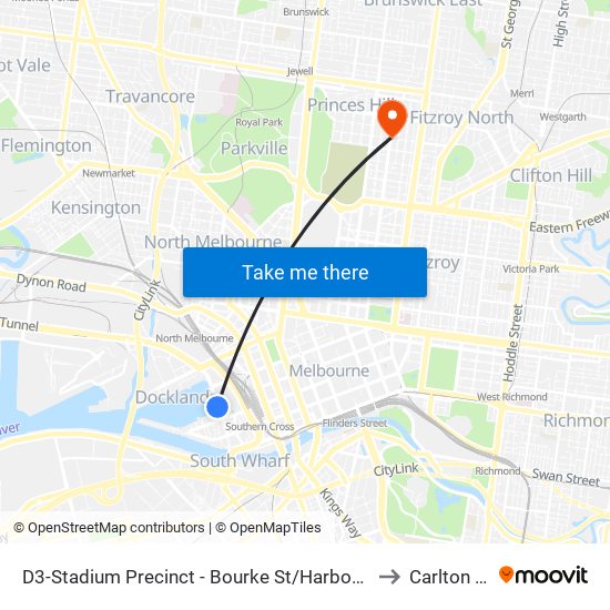 D3-Stadium Precinct - Bourke St/Harbour Esp (Docklands) to Carlton North map