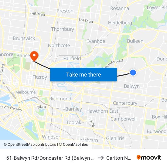 51-Balwyn Rd/Doncaster Rd (Balwyn North) to Carlton North map