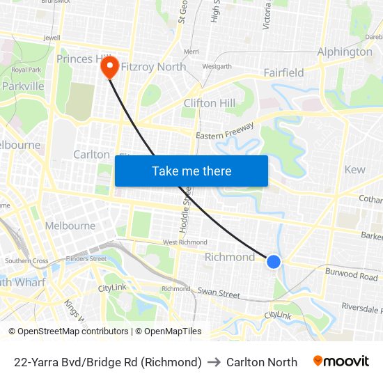 22-Yarra Bvd/Bridge Rd (Richmond) to Carlton North map