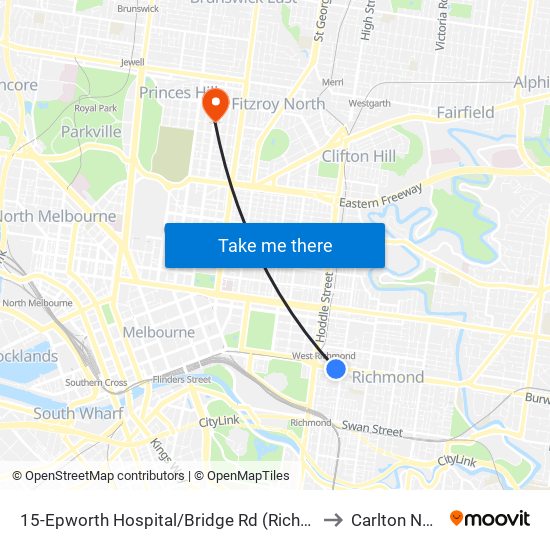 15-Epworth Hospital/Bridge Rd (Richmond) to Carlton North map