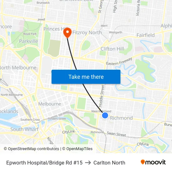Epworth Hospital/Bridge Rd #15 to Carlton North map
