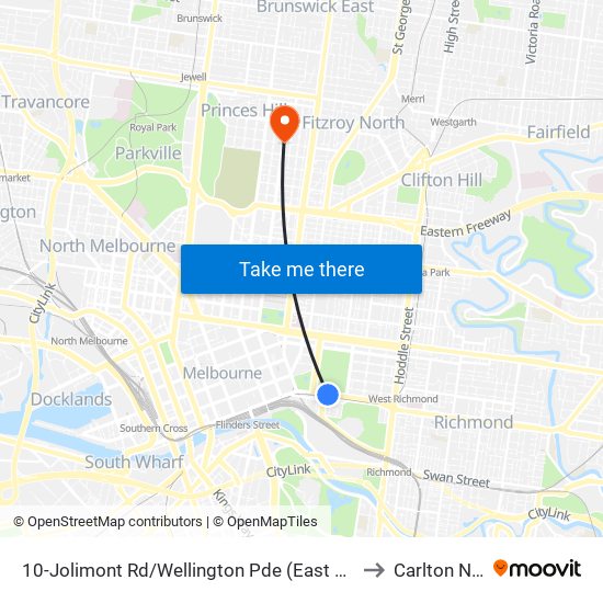 10-Jolimont Rd/Wellington Pde (East Melbourne) to Carlton North map
