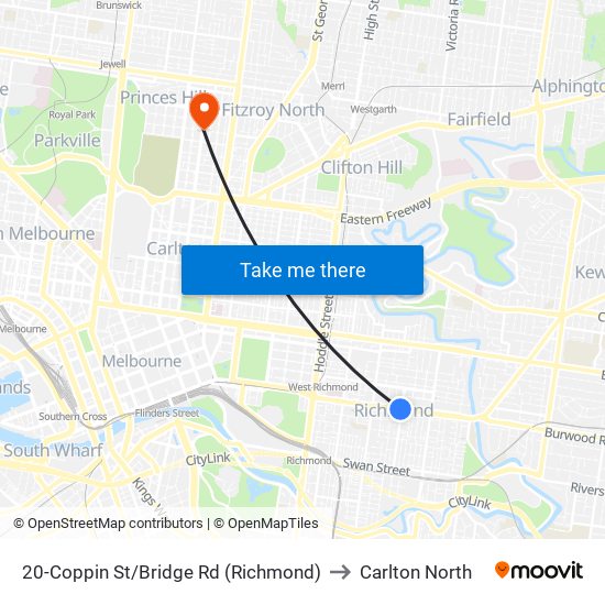 20-Coppin St/Bridge Rd (Richmond) to Carlton North map