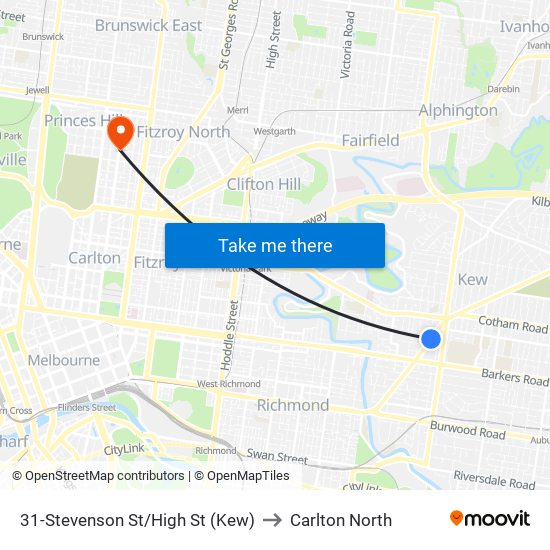 31-Stevenson St/High St (Kew) to Carlton North map