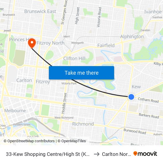 33-Kew Shopping Centre/High St (Kew) to Carlton North map