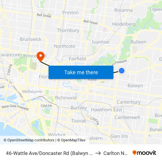46-Wattle Ave/Doncaster Rd (Balwyn North) to Carlton North map