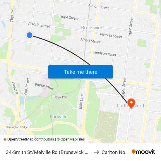 34-Smith St/Melville Rd (Brunswick West) to Carlton North map