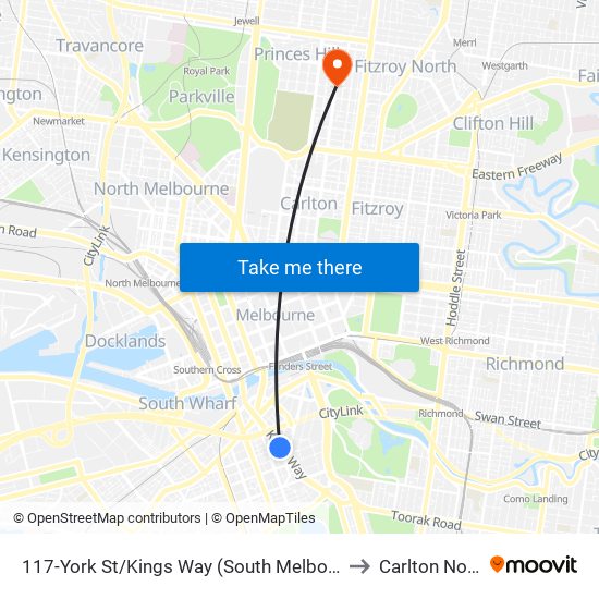 117-York St/Kings Way (South Melbourne) to Carlton North map