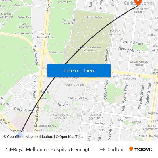 14-Royal Melbourne Hospital/Flemington Rd (North Melbourne) to Carlton North map