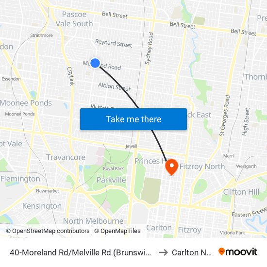 40-Moreland Rd/Melville Rd (Brunswick West) to Carlton North map