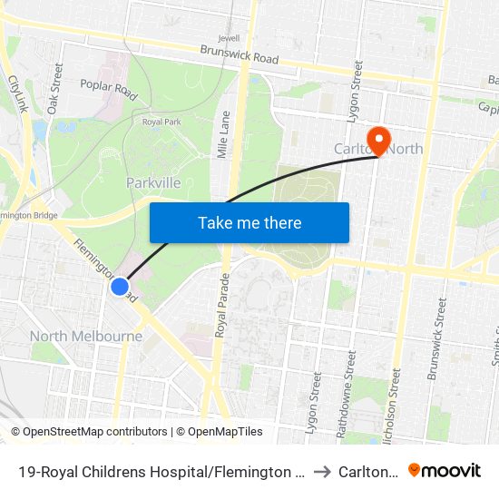 19-Royal Childrens Hospital/Flemington Rd (North Melbourne) to Carlton North map