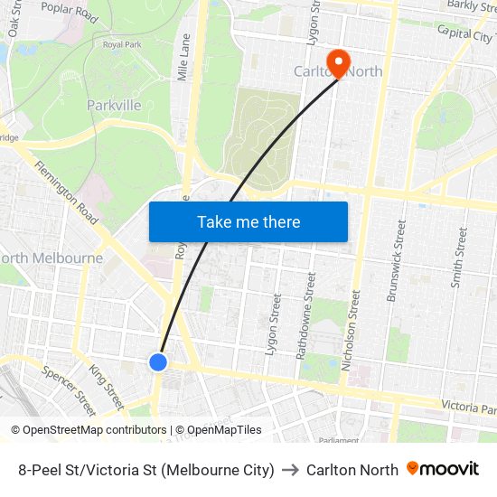 8-Peel St/Victoria St (Melbourne City) to Carlton North map