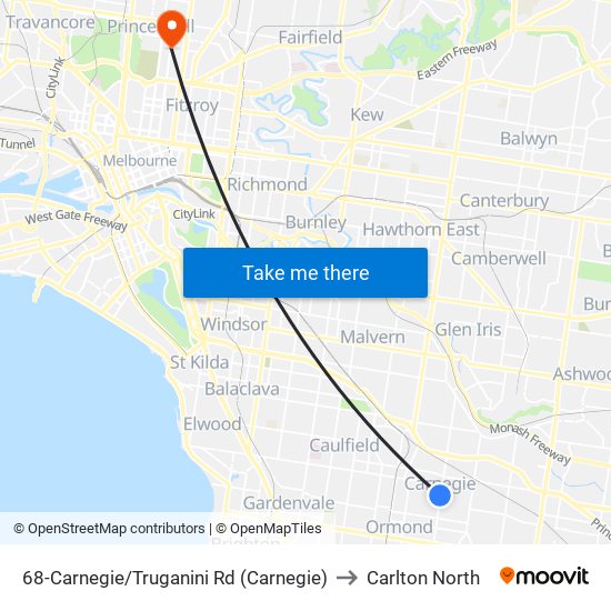 68-Carnegie/Truganini Rd (Carnegie) to Carlton North map