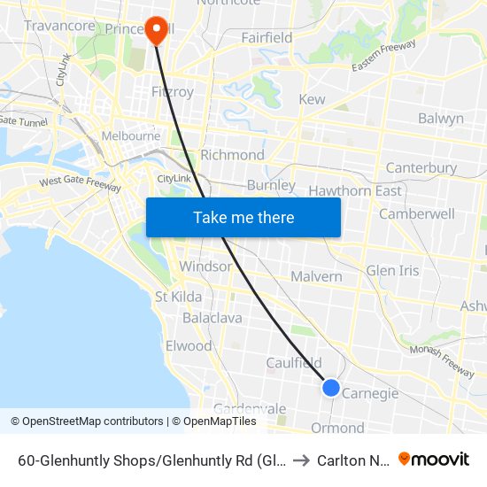 60-Glenhuntly Shops/Glenhuntly Rd (Glen Huntly) to Carlton North map