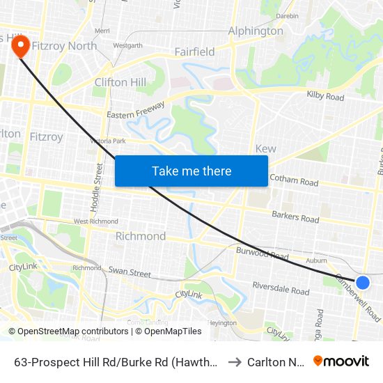 63-Prospect Hill Rd/Burke Rd (Hawthorn East) to Carlton North map