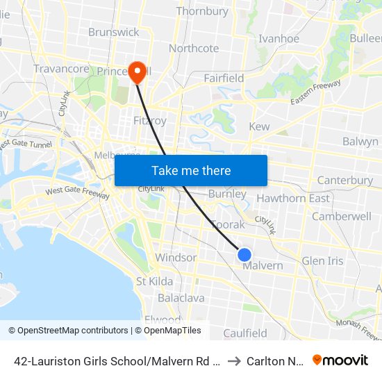 42-Lauriston Girls School/Malvern Rd (Toorak) to Carlton North map