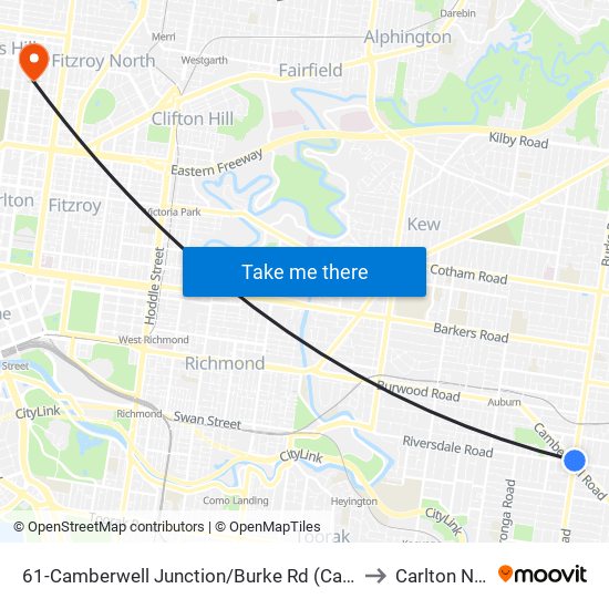 61-Camberwell Junction/Burke Rd (Camberwell) to Carlton North map