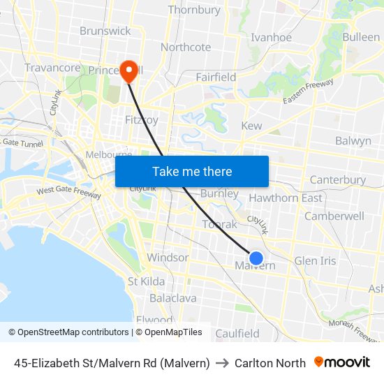 45-Elizabeth St/Malvern Rd (Malvern) to Carlton North map