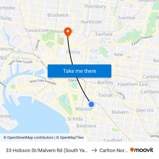 33-Hobson St/Malvern Rd (South Yarra) to Carlton North map