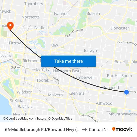 66-Middleborough Rd/Burwood Hwy (Burwood) to Carlton North map