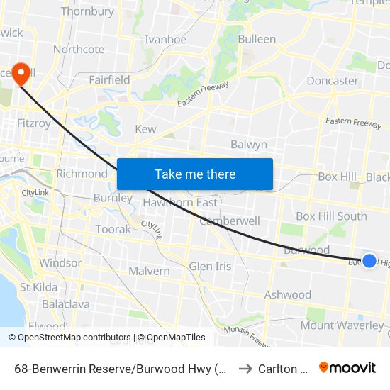 68-Benwerrin Reserve/Burwood Hwy (Burwood East) to Carlton North map