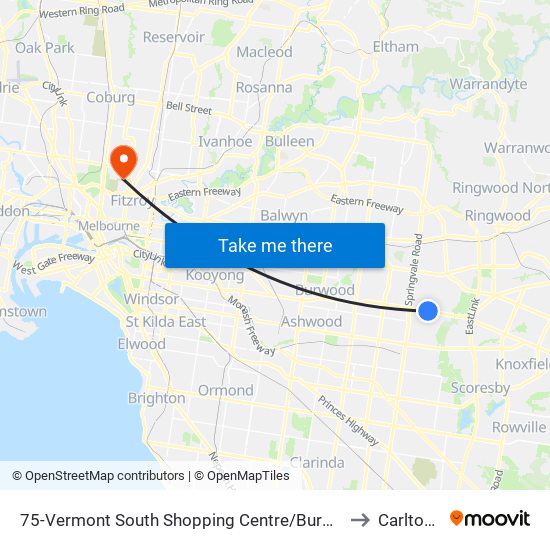 75-Vermont South Shopping Centre/Burwood Hwy (Vermont South) to Carlton North map