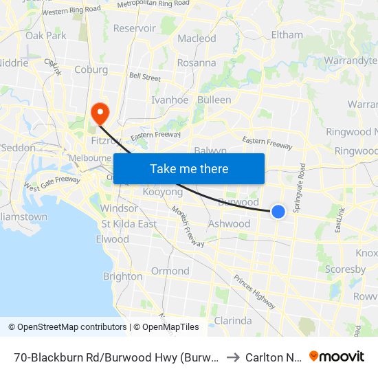 70-Blackburn Rd/Burwood Hwy (Burwood East) to Carlton North map